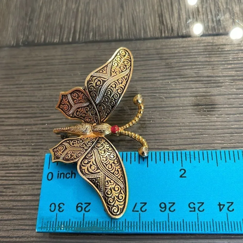 Vintage Damascene Butterfly Pin - Brooch Filigree Design Marked Spain
